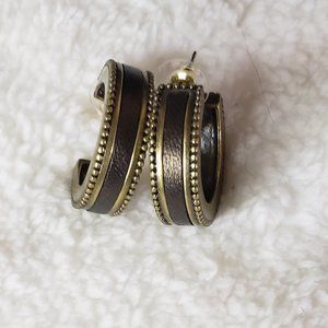 Splenda Antique Gold Brown Leather with Clear Rhinestones Pierced Earrings